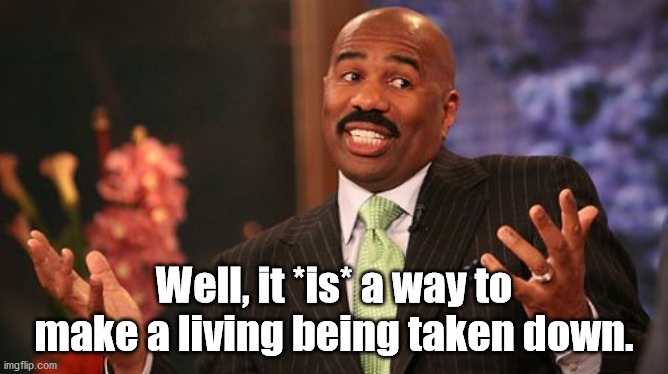 Steve Harvey Meme | Well, it *is* a way to make a living being taken down. | image tagged in memes,steve harvey | made w/ Imgflip meme maker