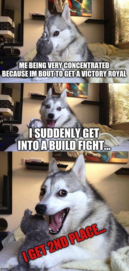 Bad Pun Dog | ME BEING VERY CONCENTRATED BECAUSE IM BOUT TO GET A VICTORY ROYAL; I SUDDENLY GET INTO A BUILD FIGHT... I GET 2ND PLACE... | image tagged in memes,bad pun dog | made w/ Imgflip meme maker