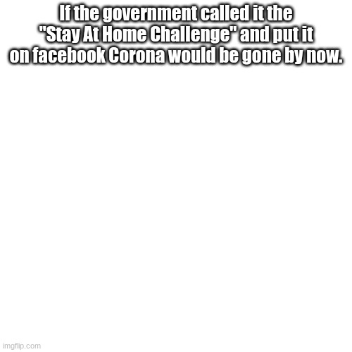 This is so true | If the government called it the "Stay At Home Challenge" and put it on facebook Corona would be gone by now. | image tagged in so true | made w/ Imgflip meme maker