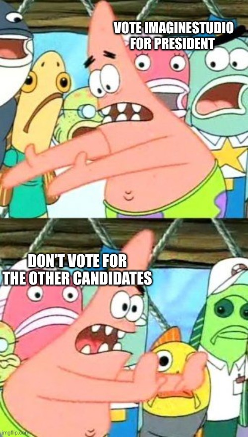 Vote for My Brother, when Voting Day comes | VOTE IMAGINESTUDIO FOR PRESIDENT; DON’T VOTE FOR THE OTHER CANDIDATES | image tagged in memes,put it somewhere else patrick | made w/ Imgflip meme maker