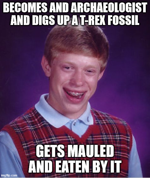 Dino go rawr!!! >:3 | BECOMES AND ARCHAEOLOGIST AND DIGS UP A T-REX FOSSIL; GETS MAULED AND EATEN BY IT | image tagged in memes,bad luck brian,dig,t-rex,fossil,eat | made w/ Imgflip meme maker