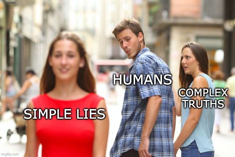 The Problem | HUMANS; COMPLEX TRUTHS; SIMPLE LIES | image tagged in memes,distracted boyfriend | made w/ Imgflip meme maker