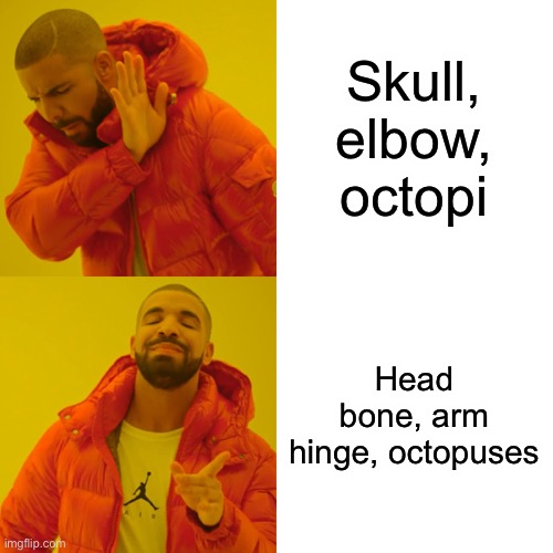 MmmmMmM | Skull, elbow, octopi; Head bone, arm hinge, octopuses | image tagged in memes,drake hotline bling | made w/ Imgflip meme maker