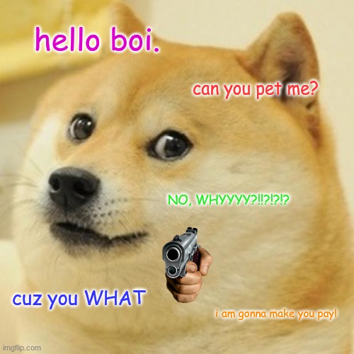 Doge life with human. | hello boi. can you pet me? NO, WHYYYY?!!?!?!? cuz you WHAT; i am gonna make you pay! | image tagged in memes,doge,funny memes | made w/ Imgflip meme maker