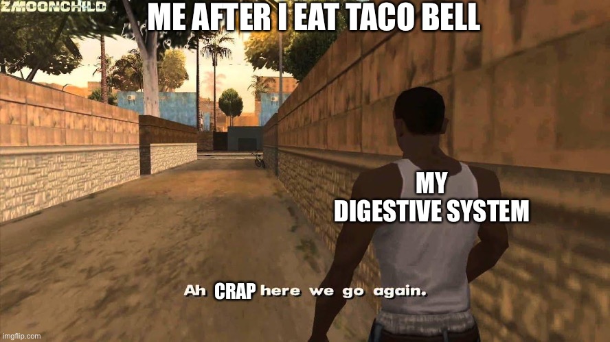 Taco bell | ME AFTER I EAT TACO BELL; CRAP; MY DIGESTIVE SYSTEM | image tagged in here we go again,taco bell,gta san andreas,gta 5,gangsta | made w/ Imgflip meme maker