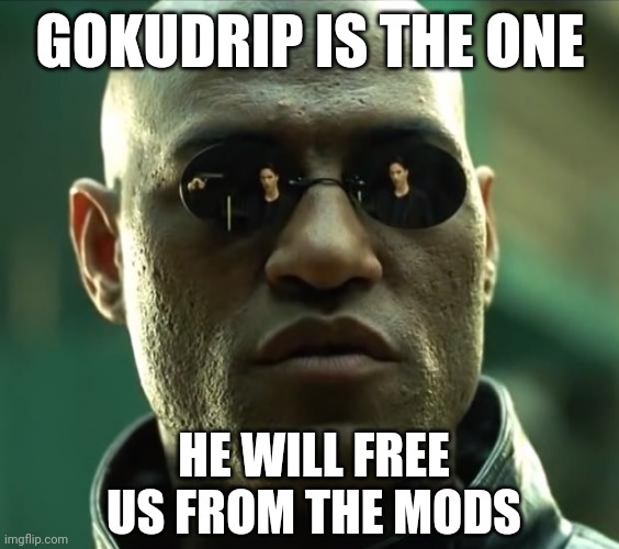 Morpheus  | GOKUDRIP IS THE ONE; HE WILL FREE US FROM THE MODS | image tagged in morpheus,gokudrip,the one,the chosen one,upvote begging,neo | made w/ Imgflip meme maker