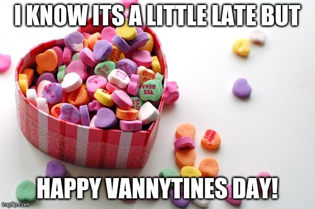 its a little late | I KNOW ITS A LITTLE LATE BUT; HAPPY VANNYTINES DAY! | image tagged in valentine conversation hearts | made w/ Imgflip meme maker