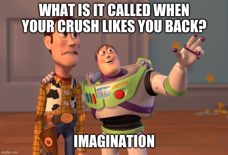 Sadness | WHAT IS IT CALLED WHEN YOUR CRUSH LIKES YOU BACK? IMAGINATION | image tagged in memes,x x everywhere | made w/ Imgflip meme maker