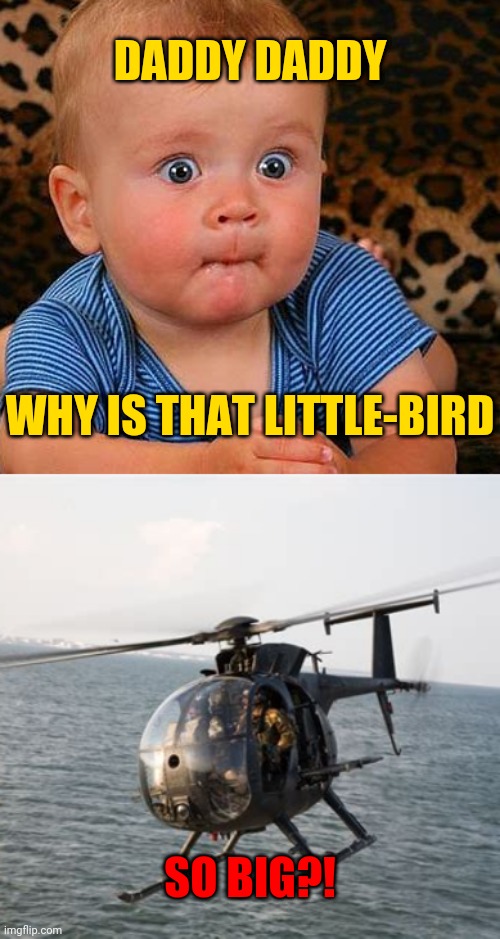 Boeing Little Bird | DADDY DADDY; WHY IS THAT LITTLE-BIRD; SO BIG?! | image tagged in history,military,birds,animals,helicopters,boeing | made w/ Imgflip meme maker