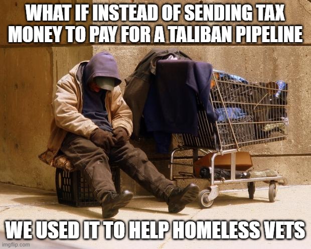 Homeless | WHAT IF INSTEAD OF SENDING TAX MONEY TO PAY FOR A TALIBAN PIPELINE; WE USED IT TO HELP HOMELESS VETS | image tagged in homeless | made w/ Imgflip meme maker