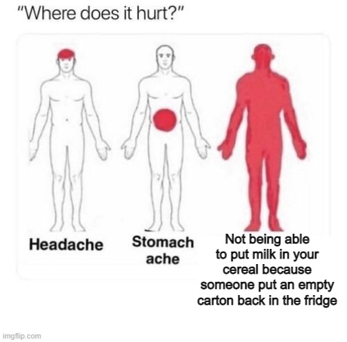 Where does it hurt | Not being able to put milk in your cereal because someone put an empty carton back in the fridge | image tagged in where does it hurt | made w/ Imgflip meme maker