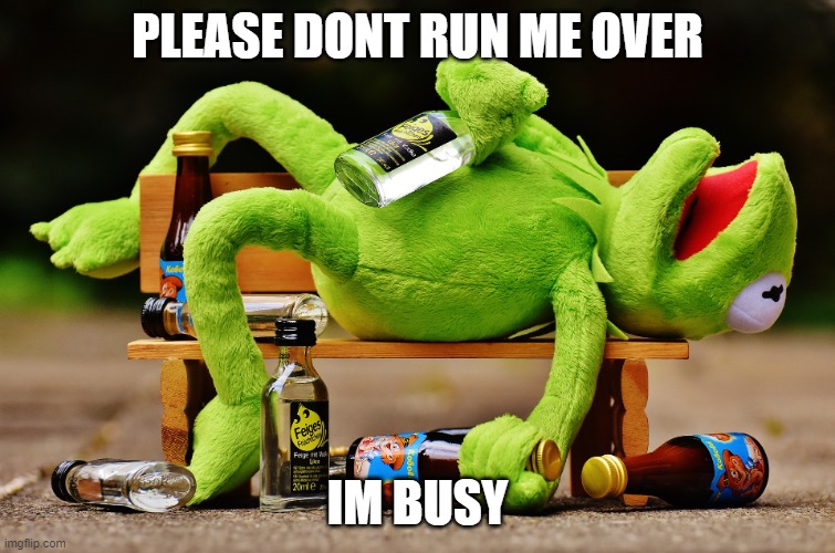Kermit drunk 1 | PLEASE DONT RUN ME OVER IM BUSY | image tagged in kermit drunk 1 | made w/ Imgflip meme maker