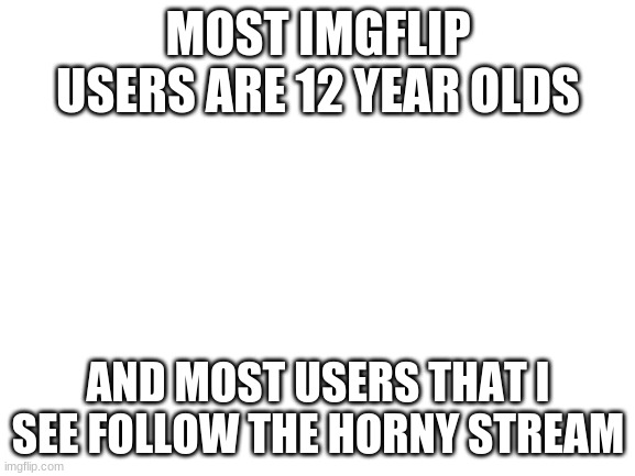 Blank White Template | MOST IMGFLIP USERS ARE 12 YEAR OLDS; AND MOST USERS THAT I SEE FOLLOW THE HORNY STREAM | image tagged in blank white template | made w/ Imgflip meme maker