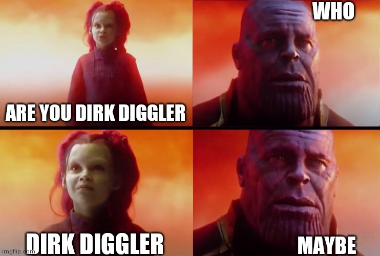 thanos what did it cost | WHO; ARE YOU DIRK DIGGLER; DIRK DIGGLER; MAYBE | image tagged in thanos what did it cost | made w/ Imgflip meme maker