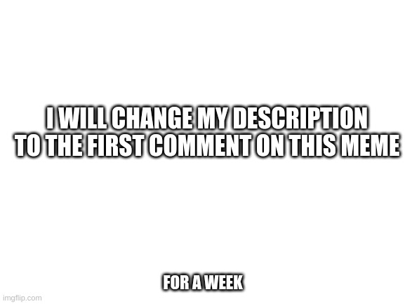 I will | I WILL CHANGE MY DESCRIPTION TO THE FIRST COMMENT ON THIS MEME; FOR A WEEK | image tagged in blank white template,memes,funny,comments | made w/ Imgflip meme maker