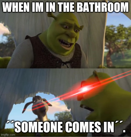 Shrek For Five Minutes | WHEN IM IN THE BATHROOM; ´´SOMEONE COMES IN´´. | image tagged in shrek for five minutes | made w/ Imgflip meme maker