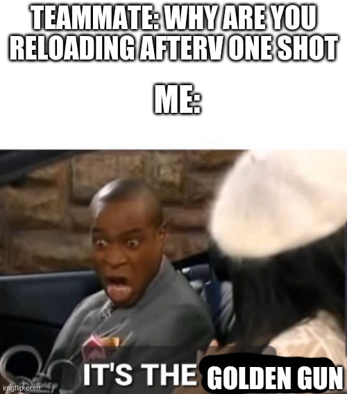 It's The Law | TEAMMATE: WHY ARE YOU RELOADING AFTERV ONE SHOT; ME:; GOLDEN GUN | image tagged in it's the law | made w/ Imgflip meme maker