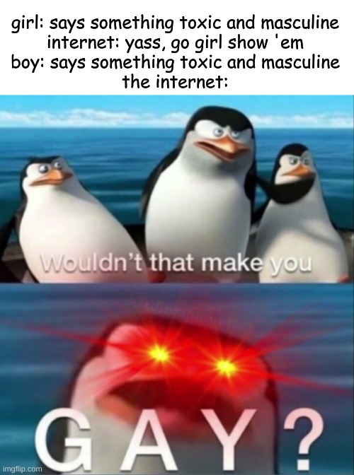 Wouldn't that make you gay | girl: says something toxic and masculine
internet: yass, go girl show 'em
boy: says something toxic and masculine
the internet: | image tagged in wouldn't that make you gay | made w/ Imgflip meme maker