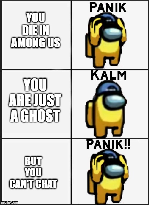 Among us Panik | YOU DIE IN AMONG US; YOU ARE JUST A GHOST; BUT YOU CAN'T CHAT | image tagged in among us panik,chat,among us | made w/ Imgflip meme maker