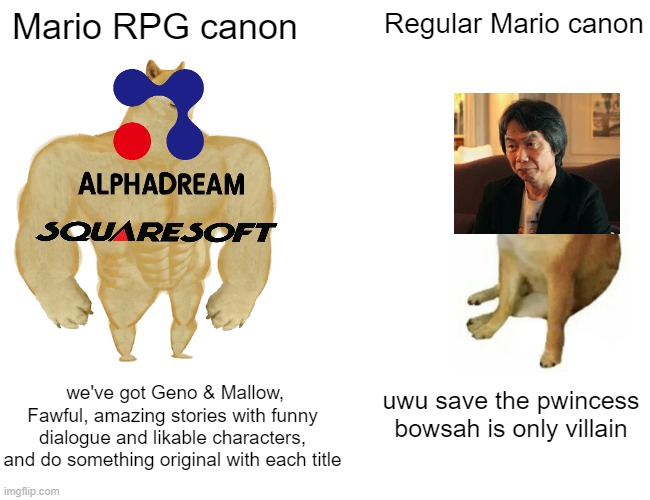 I was hoping Bowser's Fury had something to do with Fawful. | Mario RPG canon; Regular Mario canon; we've got Geno & Mallow, Fawful, amazing stories with funny dialogue and likable characters, and do something original with each title; uwu save the pwincess bowsah is only villain | image tagged in memes,buff doge vs cheems | made w/ Imgflip meme maker