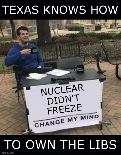 liberals hate truth | TEXAS KNOWS HOW; NUCLEAR
DIDN'T
FREEZE; TO OWN THE LIBS | image tagged in change my mind cropped,conservative hypocrisy,frozen wind turbines,nuclear power,texas,own the libs | made w/ Imgflip meme maker