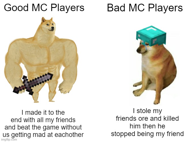 Buff Doge vs. Cheems | Good MC Players; Bad MC Players; I stole my friends ore and killed him then he stopped being my friend; I made it to the end with all my friends and beat the game without us getting mad at eachother | image tagged in memes,buff doge vs cheems | made w/ Imgflip meme maker