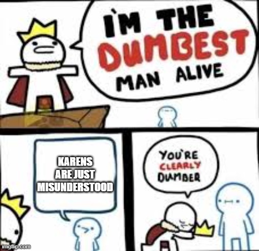 The actual dumbest man alive | KARENS ARE JUST MISUNDERSTOOD | image tagged in im the dumbest man alive | made w/ Imgflip meme maker