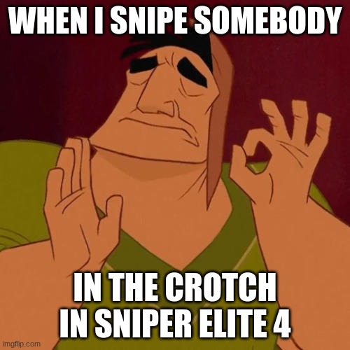 Crotch shot just right | WHEN I SNIPE SOMEBODY; IN THE CROTCH IN SNIPER ELITE 4 | image tagged in when x just right | made w/ Imgflip meme maker
