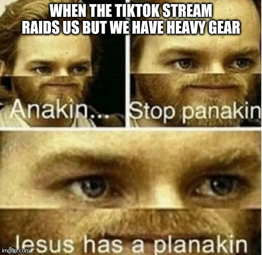 anakin stop panakin | WHEN THE TIKTOK STREAM RAIDS US BUT WE HAVE HEAVY GEAR | image tagged in anakin stop panakin | made w/ Imgflip meme maker