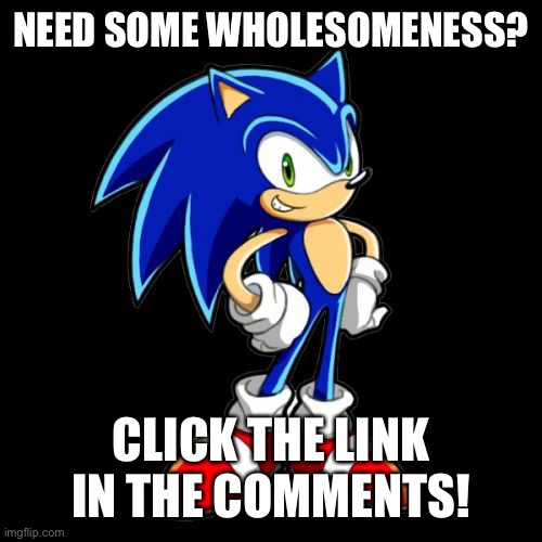 Not rickroll promise, and this is among us themed | NEED SOME WHOLESOMENESS? CLICK THE LINK IN THE COMMENTS! | image tagged in you're too slow sonic,sonic the hedgehog,wholesome | made w/ Imgflip meme maker