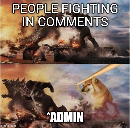 Page admin | PEOPLE FIGHTING IN COMMENTS; *ADMIN | image tagged in kong godzilla doge | made w/ Imgflip meme maker