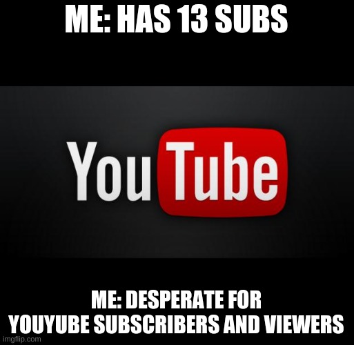 W3 MAKE M3MES | ME: HAS 13 SUBS; ME: DESPERATE FOR YOUYUBE SUBSCRIBERS AND VIEWERS | image tagged in youtube | made w/ Imgflip meme maker