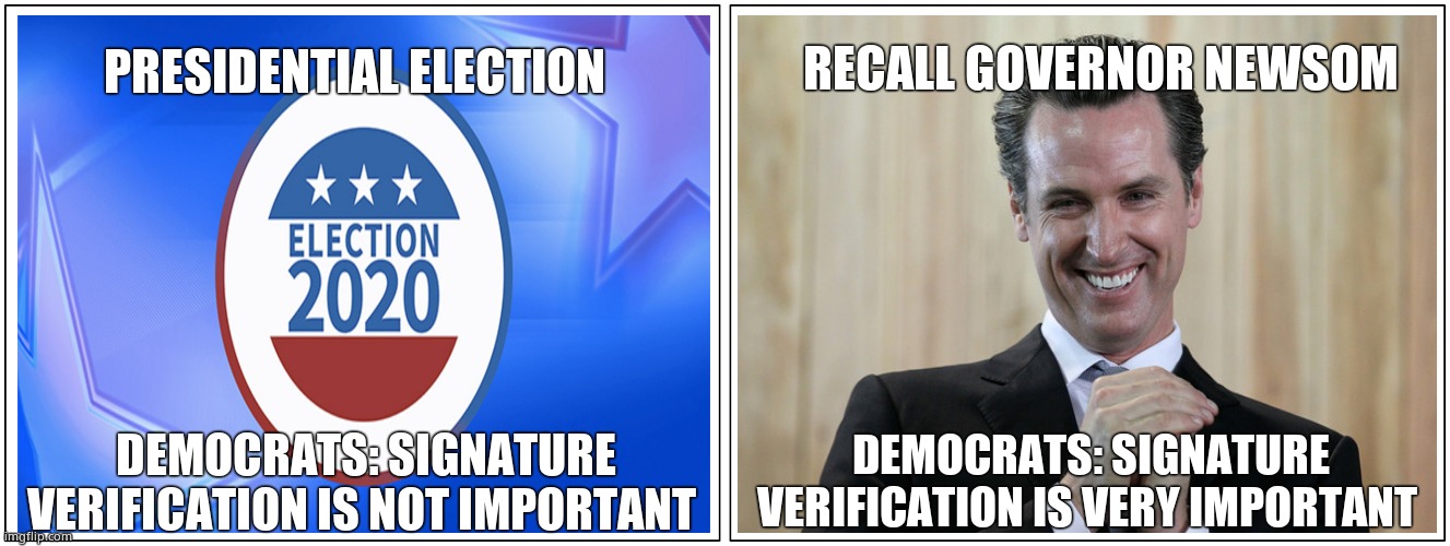 Moniker Mayhem | RECALL GOVERNOR NEWSOM; PRESIDENTIAL ELECTION; DEMOCRATS: SIGNATURE VERIFICATION IS NOT IMPORTANT; DEMOCRATS: SIGNATURE VERIFICATION IS VERY IMPORTANT | image tagged in memes,gavin,recall,government corruption,political meme | made w/ Imgflip meme maker