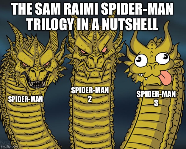 Three-headed Dragon | THE SAM RAIMI SPIDER-MAN TRILOGY IN A NUTSHELL; SPIDER-MAN 2; SPIDER-MAN 3; SPIDER-MAN | image tagged in three-headed dragon,memes | made w/ Imgflip meme maker