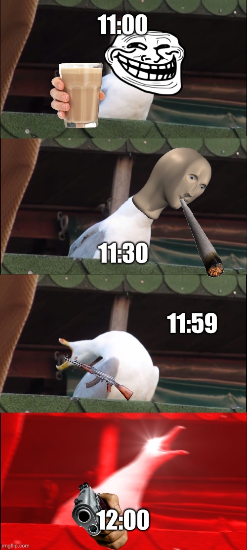 New Year’s Eve | 11:00; 11:30; 11:59; 12:00 | image tagged in memes,inhaling seagull | made w/ Imgflip meme maker