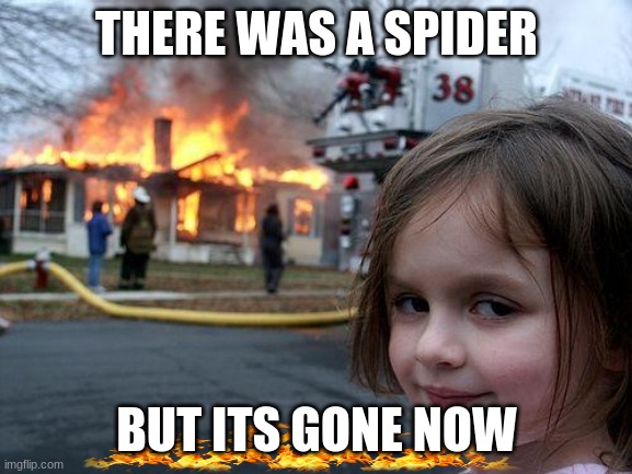 ahhhhh | THERE WAS A SPIDER; BUT ITS GONE NOW | image tagged in memes,disaster girl | made w/ Imgflip meme maker