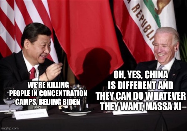 Massa Xi lectures Beijing Biden | OH, YES, CHINA IS DIFFERENT AND THEY CAN DO WHATEVER THEY WANT, MASSA XI; WE’RE KILLING PEOPLE IN CONCENTRATION CAMPS, BEIJING BIDEN | image tagged in xi-biden | made w/ Imgflip meme maker