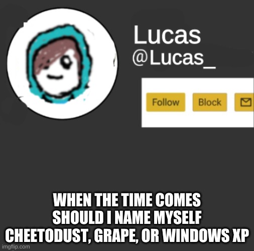 Lucas | WHEN THE TIME COMES SHOULD I NAME MYSELF CHEETODUST, GRAPE, OR WINDOWS XP | image tagged in lucas | made w/ Imgflip meme maker