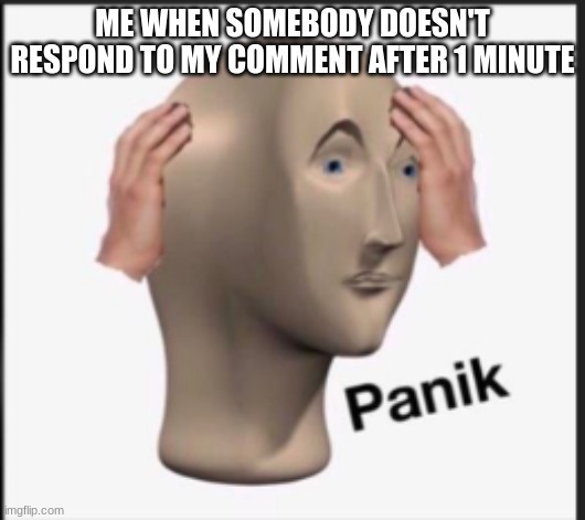 OH GOD THEY HATE ME | ME WHEN SOMEBODY DOESN'T RESPOND TO MY COMMENT AFTER 1 MINUTE | image tagged in panik | made w/ Imgflip meme maker