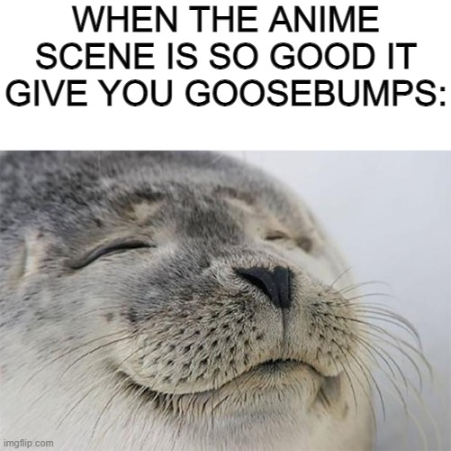 Hm, has this been done already? Lemme know if it has | WHEN THE ANIME SCENE IS SO GOOD IT GIVE YOU GOOSEBUMPS: | image tagged in memes,satisfied seal | made w/ Imgflip meme maker