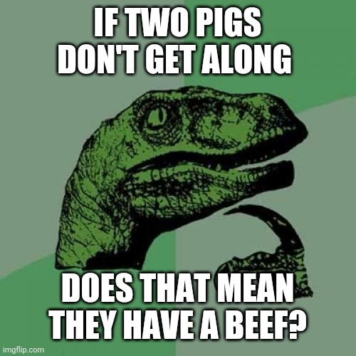 I know I know. I'm such a ham. | IF TWO PIGS DON'T GET ALONG; DOES THAT MEAN THEY HAVE A BEEF? | image tagged in memes,philosoraptor,pork,beef,pigs,wordplay | made w/ Imgflip meme maker