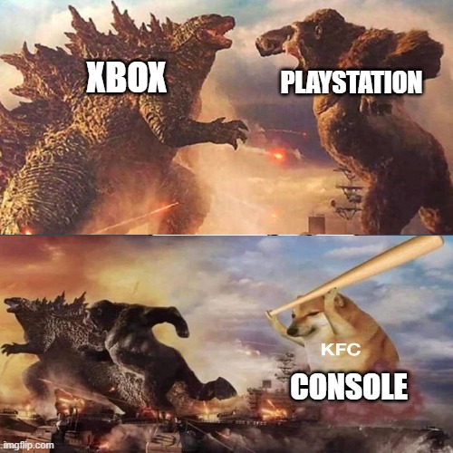 bruh | XBOX; PLAYSTATION; CONSOLE | image tagged in cheems,king kong,godzilla,godzilla vs kong | made w/ Imgflip meme maker