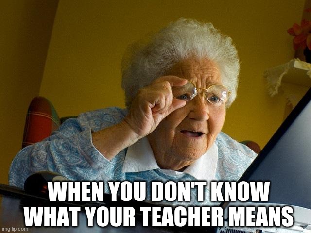 when you don't know what your teacher means | WHEN YOU DON'T KNOW WHAT YOUR TEACHER MEANS | image tagged in memes,grandma finds the internet | made w/ Imgflip meme maker