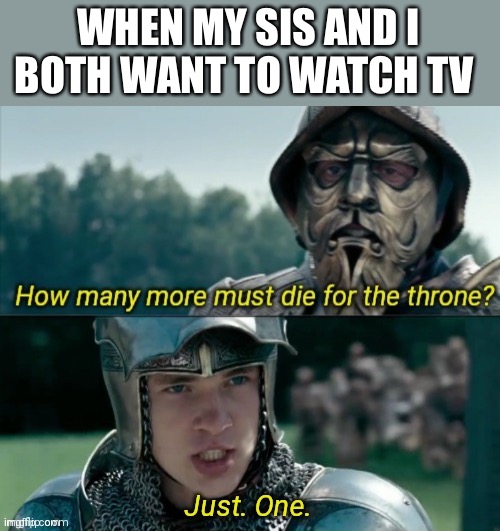 That is when we want to watch different things | WHEN MY SIS AND I BOTH WANT TO WATCH TV | image tagged in how many more must die for the throne,little sister,tv,narnia,peter,miraz | made w/ Imgflip meme maker