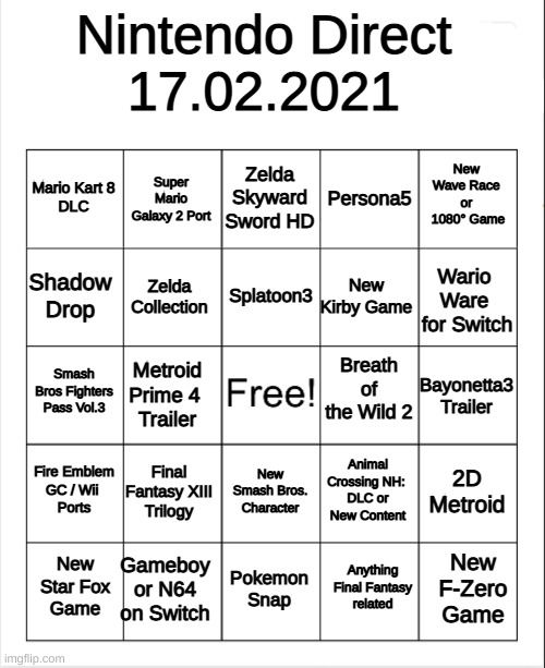 Blank Bingo | Nintendo Direct 
17.02.2021; Zelda Skyward Sword HD; Super Mario
Galaxy 2 Port; New 
Wave Race 
or 
1080° Game; Mario Kart 8
DLC; Persona5; Splatoon3; Shadow Drop; Wario Ware
 for Switch; New Kirby Game; Zelda Collection; Breath of the Wild 2; Smash Bros Fighters Pass Vol.3; Bayonetta3
Trailer; Metroid Prime 4 
Trailer; Fire Emblem
GC / Wii 
Ports; Final Fantasy XIII
Trilogy; 2D Metroid; Animal Crossing NH: 
DLC or New Content; New Smash Bros. Character; Gameboy
or N64
on Switch; New
F-Zero
Game; New
Star Fox
Game; Pokemon Snap; Anything
Final Fantasy
related | image tagged in blank bingo | made w/ Imgflip meme maker