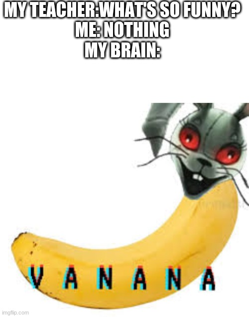 why do I keep finding all these vanny memes? | MY TEACHER:WHAT'S SO FUNNY?
ME: NOTHING
MY BRAIN: | image tagged in blank white template,vanny | made w/ Imgflip meme maker