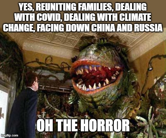 little shop of horrors | YES, REUNITING FAMILIES, DEALING WITH COVID, DEALING WITH CLIMATE CHANGE, FACING DOWN CHINA AND RUSSIA OH THE HORROR | image tagged in little shop of horrors | made w/ Imgflip meme maker