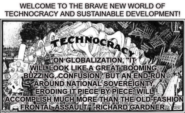 technocracy and Globalization | WELCOME TO THE BRAVE NEW WORLD OF TECHNOCRACY AND SUSTAINABLE DEVELOPMENT! ON GLOBALIZATION, "IT WILL LOOK LIKE A GREAT 'BOOMING, BUZZING, CONFUSION,' BUT AN END-RUN AROUND NATIONAL SOVEREIGNTY, ERODING IT PIECE BY PIECE, WILL ACCOMPLISH MUCH MORE THAN THE OLD-FASHION FRONTAL ASSAULT." -RICHARD GARDNER. | image tagged in technocracy,globalization,one world government,agenda 21,new world order | made w/ Imgflip meme maker