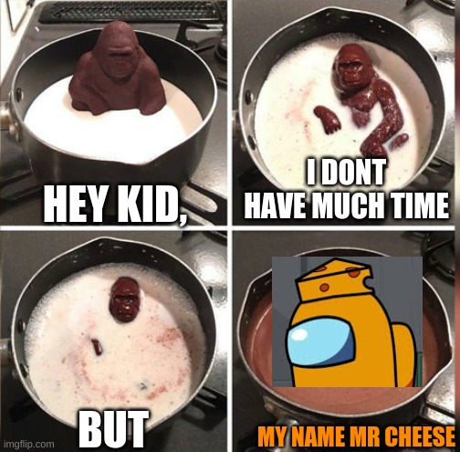 my name mr cheese 5 | HEY KID, I DONT HAVE MUCH TIME; BUT; MY NAME MR CHEESE | image tagged in hey kid i don't have much time,mr cheese,mrcheese317 | made w/ Imgflip meme maker