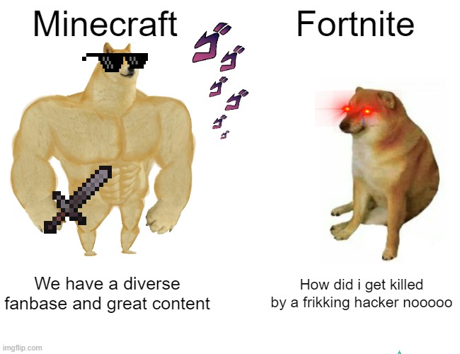 Not even a joke | Minecraft; Fortnite; We have a diverse fanbase and great content; How did i get killed by a frikking hacker nooooo | image tagged in memes,buff doge vs cheems | made w/ Imgflip meme maker